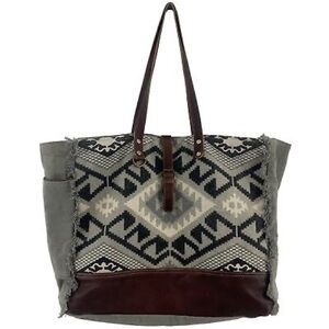 Myra Weekender Tote Bag Brown Gray w Geometric Pattern and Leather Base